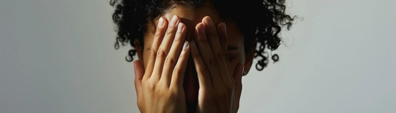 Photo of a person holding their face in their hands with their eyes closed, set against a plain white background, indicating deep emotional distress