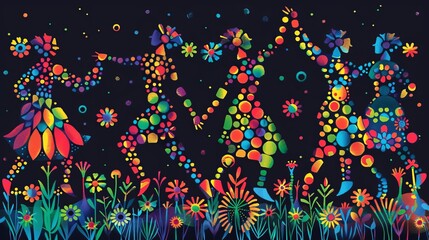 Group of cancer patients participating in a dance therapy session, psychedelic, vibrant colors, illustration