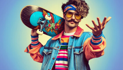 A bright photo of a stylish young guy holding a multi-colored skateboard in his hand