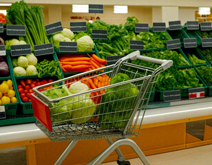 Supermarket Vegetable Aisle: Shopping Cart Filled with Fresh Produce