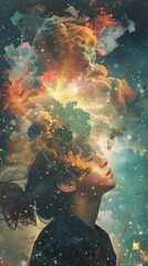 Woman with a cloud in her head/ Nature background . Vertical background 