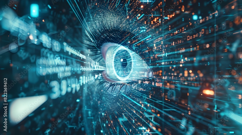 Poster striking digital art background showcasing white eye icon amid mesmerizing matrix of binary and tech