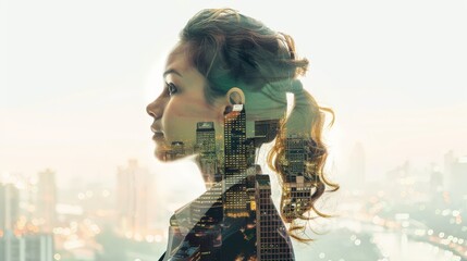 Businesswoman superimposed with urban landscapes, showcasing entrepreneurship and urban business lifestyle.