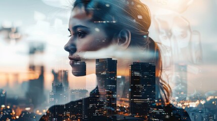 Businesswoman superimposed with urban landscapes, showcasing entrepreneurship and urban business lifestyle.
