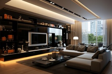 Elegant contemporary living room with warm lighting and city view