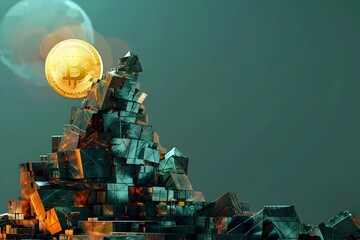 Dramatic Solitary Bitcoin Token Atop Intricate Mosaic of Polygonal Cryptocurrency Monolith