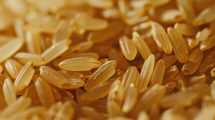 Close-up of uncooked brown rice grains, showcasing their natural texture and wholesome quality.