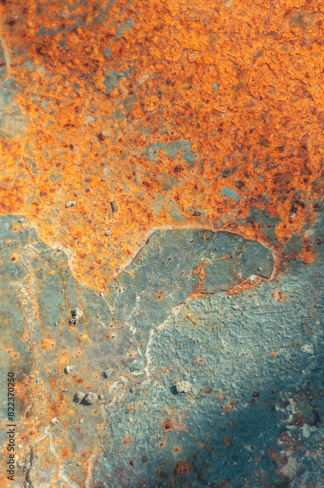 Poster the image is of a rusty surface with a blue and orange color scheme