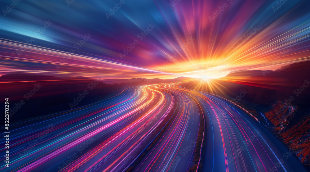 Poster A long exposure photo of light trails on the highway at sunset, with vibrant colors and motion blur creating an abstract and dynamic composition. Generative AI.