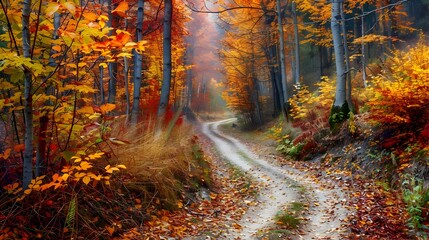 Vibrant Autumn Woodland with Winding Forest Path and Colorful Foliage