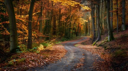 Vibrant Autumnal Forest Path with Winding Trail and Colorful Foliage