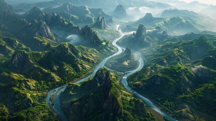 China, snaking through dramatic landscapes, symbolizing rich history. picturesque tourist destinations.Generated with AI