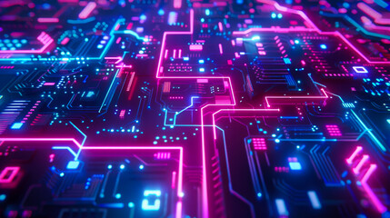 Digital transformation concept. Futuristic Circuit Board with Neon Lights. a futuristic circuit board illuminated with neon pink and blue lights, showcasing the intricate pathways and components.