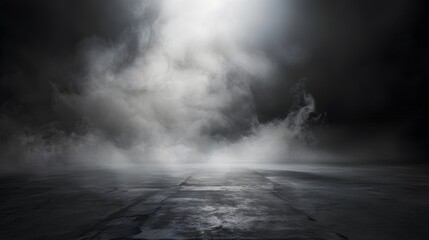 Dark gray background fog and light on floor. Mystical mist. smoke in dark room. Banner show product 