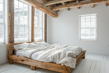 Simple wooden bed in a modern Scandinavian loft bedroom. It's next to a plain white wall with plenty of photocopying space