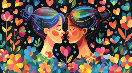 Naklejka premium Love Knows No Bounds - Vibrant Vector Illustration of Lesbian Couple Embracing Among Rainbow Flowers and Hearts, Celebrating LGBTQ+ Love and Pride