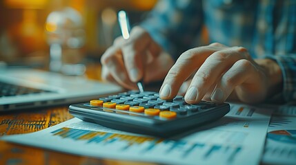 Fototapeta premium close up of an accountant working on a finance investment report at the office on a calculator accounting taxes.image illustration