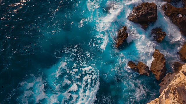 Aerial top view of sea, ocean blue waves crashing on rocky shore