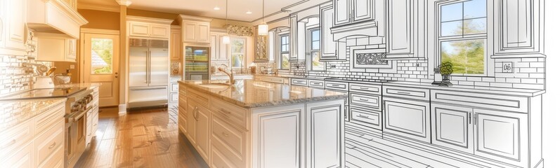 Drawing of a kitchen with a sink and a stove, home renovations