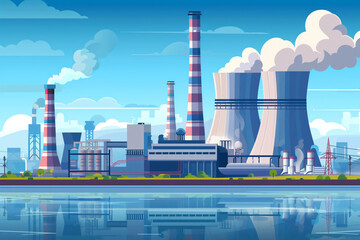 Industrial Nuclear Power Plant and Refinery. Illustration of a nuclear power plant and refinery with smokestacks and cooling towers, reflecting in water under a clear sky.