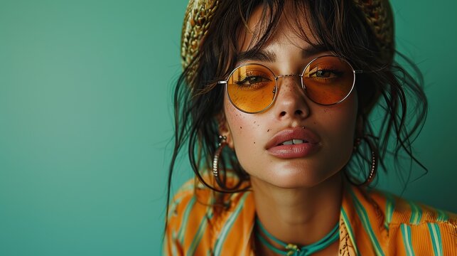 fashion model portrait and non binary person with designer clothing with green background isolated studio and modern hipster clothes of an lgbtq and serious adult.illustration - Powered by Adobe