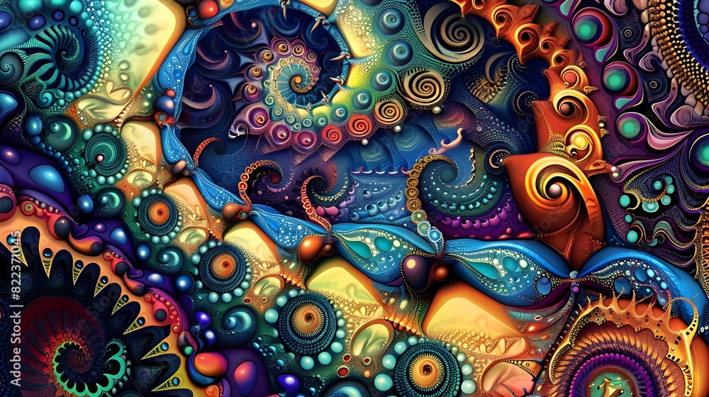 Poster mesmerizing psychedelic surreal fractal patterns in vivid colorful digital dreamscape