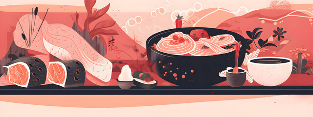 Assorted Japanese cuisine dishes and ingredients on red background