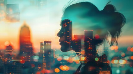 Double exposure of a female entrepreneur and city skyscrapers, symbolizing ambition and success in business.