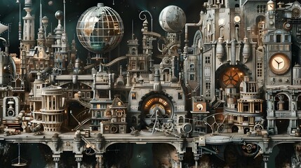 Intricate Steampunk Cityscape with Futuristic Mechanical Wonders and Ornate Architectural Structures