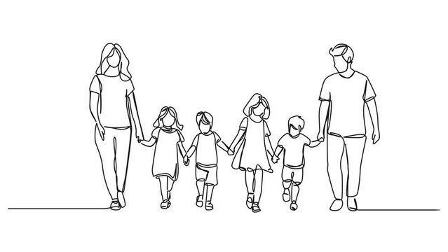 animated continuous single line drawing of mom and dad with four kids, patchwork family line art animation