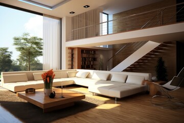 Spacious contemporary living room with high ceiling, large windows and cozy seating area