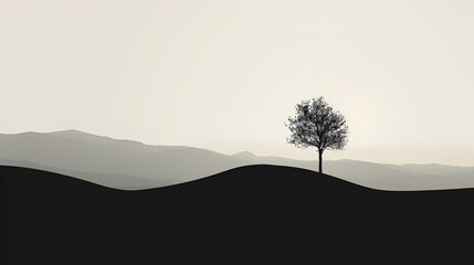 Minimalist Landscape with Solitary Tree Silhouette Against Mountain Horizon