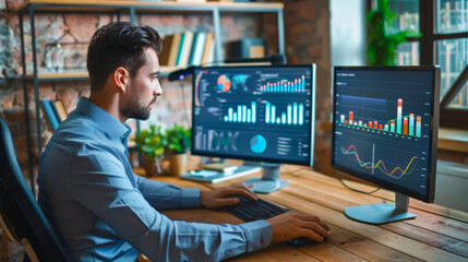 Business Analyst Working with Dual Monitors on Data Analysis. Business analyst at work with dual monitors, data analysis, serious concentration