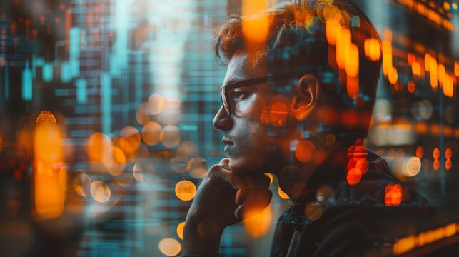 Double exposure of a male professional and stock market graphs, showcasing financial acumen and investment.