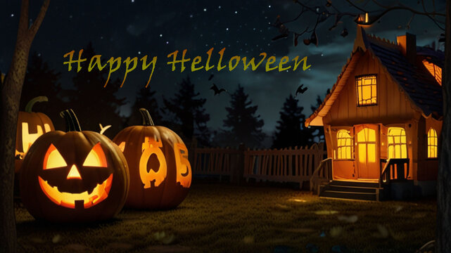 halloween background with pumpkin.happy hellowen writing with pumpkin house background at night lit by fire lanterns