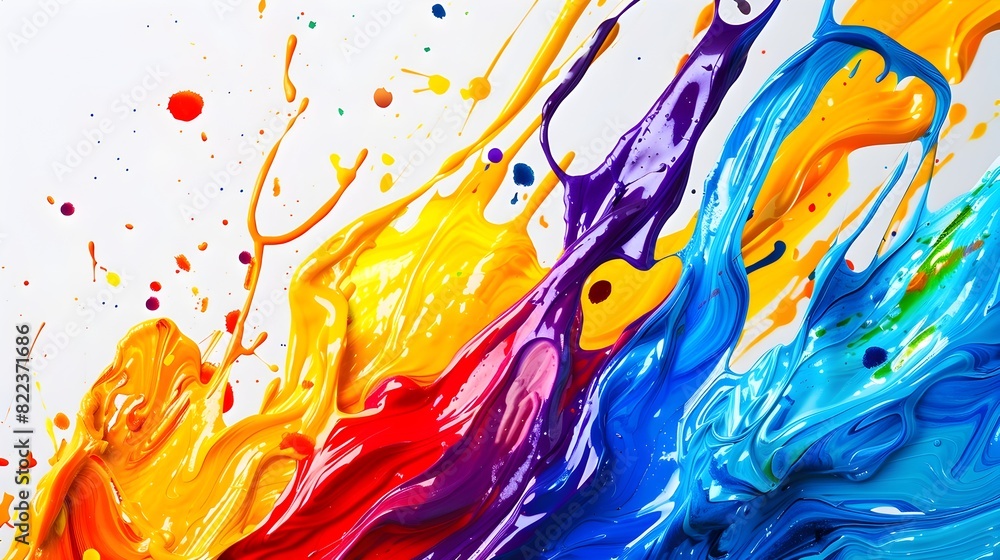 Poster vibrant liquid brush strokes and splatter patterns in mesmerizing color explosion