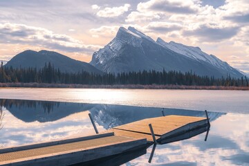 Dock Leading Out To Vermilion Lakes At Sunrise