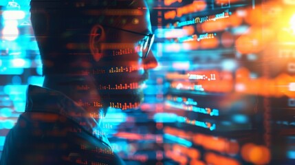 Double exposure of a programmer and lines of code, symbolizing technology integration and innovation.