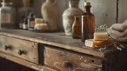 Vintage-Inspired Skincare Banner with Classic Glass Bottles, Handmade Soaps, and Antique Wooden Dresser for Nostalgic and Timeless Design