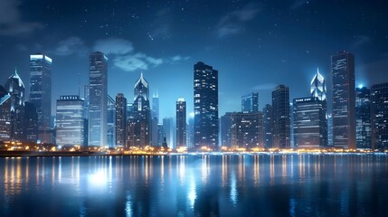 Naklejka premium Captivating Nighttime Cityscape with Glittering Skyscrapers and Reflective Waters