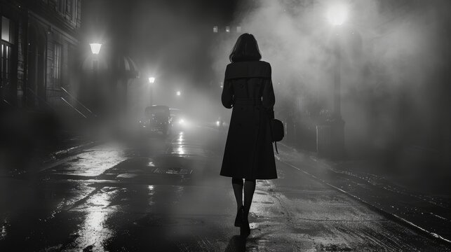 Vintage Film Noir Woman in Trench Coat Walking Through Misty Nighttime City Street - Cinematic Urban Scene