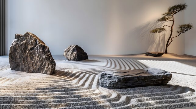 Tranquil Zen Rock Garden with Raking Sand Patterns and Bonsai Tree in Minimalist Japanese Landscape