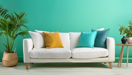 Modern Interior Promotion: Colorful Cushions and White Sofa Against a Turquoise Wall Mockup"