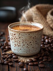 Steaming Coffee Cup with Beans on Rustic Background. Generative ai