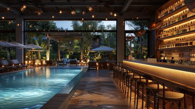 Indoor-outdoor bar area with large pool nearby and seating inside dim lighting, perspective shot from behind the bar with pool background. Generative AI.