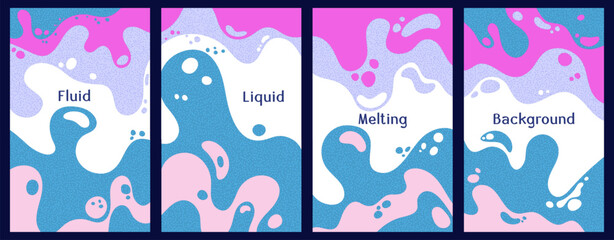 Melting vibrant waves pattern summer front pages. Bubble splashes and streams vector pack box covers