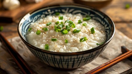 Elevated image of a bowl of rice porridge, garnished with green onions and served as a comforting breakfast dish.