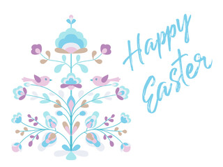 Happy Easter design with flowers and birds on tree of life.