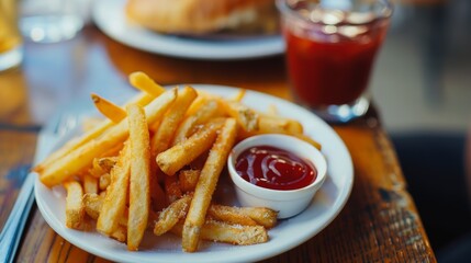 Elevated perspective of a plate of French fries, perfectly golden and ready to be enjoyed with a side of ketchup.
