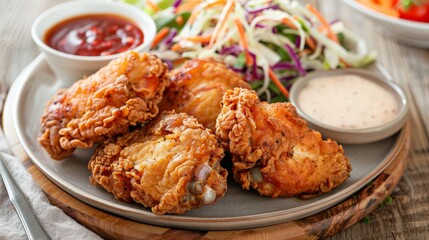 Elevated perspective of crispy fried chicken thighs, served with a refreshing coleslaw and dipping sauces.